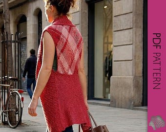May include: A woman wearing a red knitted vest with a geometric pattern on the back, walking on a city street. The vest is sleeveless and has a long, flowing design. A brown leather tote bag is in her hand. A bicycle is parked nearby.