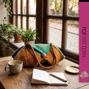 May include: A handcrafted handbag in brown, teal, and grey tones rests on a wooden table. The bag has a textured weave, button closure, and braided strap. A ceramic mug, notebook, and pen are also present. The scene is set near a window with potted plants.