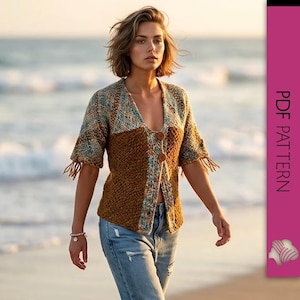 May include: A brown, blue, and tan knit cardigan with a V-neck and three wooden buttons. The short-sleeved sweater has fringe detailing on the sleeves. The image also includes the text "PDF PATTERN" in a pink vertical bar.