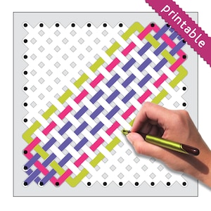 May include: Printable cross stitch pattern with a grid of white squares and black dots. The pattern features a woven design with purple, pink, and yellow threads.
