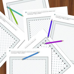 May include: Printable diagrams for square pin looms or Kayu weaving looms. The diagrams are colorable and include instructions for use with different sized looms. The diagrams are printed on white paper with black lines and dots.