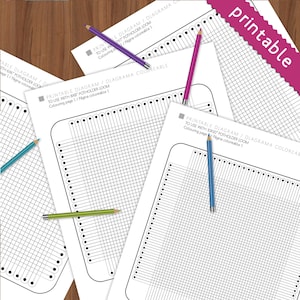 Puede incluir: Diagramas imprimibles para un telar de posavasos de 6x6, 8x8 y 10x10 pulgadas. Los diagramas son en blanco y negro y tienen un patr&oacute;n de cuadr&iacute;cula con c&iacute;rculos alrededor de los bordes. El texto "Printable Diagram / Diagrama coloreable" est&aacute; en la parte superior de cada diagrama.