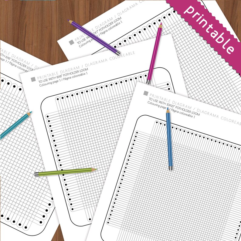 Puede incluir: Diagramas imprimibles para un telar de posavasos de 6x6, 8x8 y 10x10 pulgadas. Los diagramas son en blanco y negro y tienen un patr&oacute;n de cuadr&iacute;cula con c&iacute;rculos alrededor de los bordes. El texto "Printable Diagram / Diagrama coloreable" est&aacute; en la parte superior de cada diagrama.