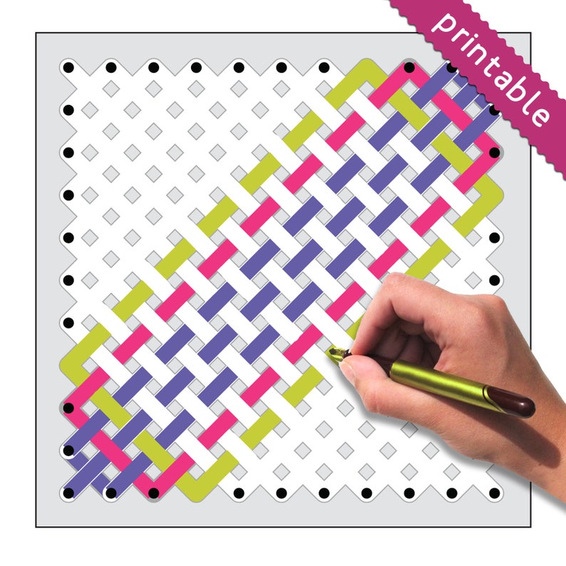 May include: Printable cross stitch pattern with a grid of white squares and black dots. The pattern features a woven design with purple, pink, and yellow threads.