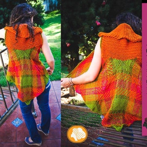 May include: A colorful, sleeveless knitted vest in shades of orange, green, and pink. The vest has a high collar and a unique woven pattern. The image also includes the text "PDF PATTERN".