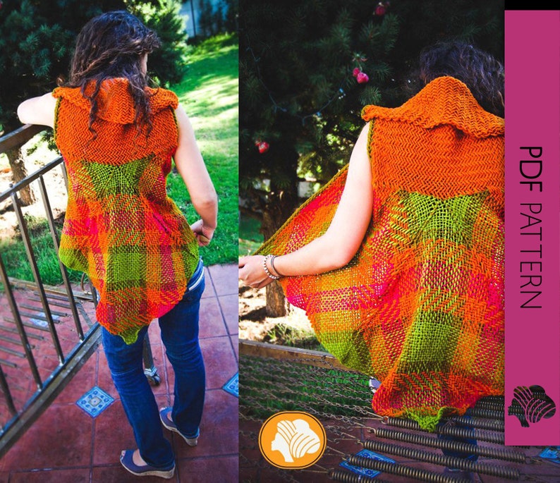 May include: A colorful, sleeveless knitted vest in shades of orange, green, and pink. The vest has a high collar and a unique woven pattern. The image also includes the text "PDF PATTERN".