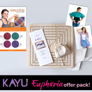 May include: A wooden weaving loom with a grid of holes, a small drawstring bag, and a booklet. The image also includes a flyer for an online weaving course and two photos of a person wearing woven garments. The text "KAYU Euphoria offer pack!" is visible.