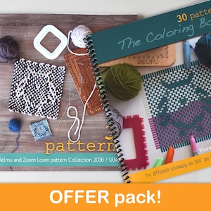 May include: Two spiral bound books with colorful yarn and loom weaving patterns. The book on the left is titled "Relmu and Zoom Loom pattern Collection 2018/ Ullv" and the book on the right is titled "30 patterns The Coloring Book".