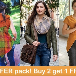 May include: Three women are shown wearing knitted tops. One wears a plaid orange, green, and red vest. Another wears a green jacket and a scarf. The third is in a yellow wrap top. The image includes the text "OFFER pack! Buy 2 get 1 FREE".