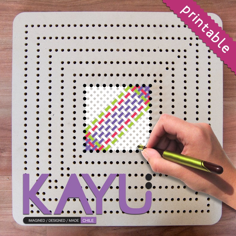 May include: A white pegboard with a colorful woven pattern in the center. The pegboard has a purple logo that says "KAYU" and the text "IMAGINED / DESIGNED / MADE CHILE".