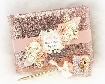Wedding Guest Book Rose Gold Blush Sequin Personalized Book for Guests Elegant