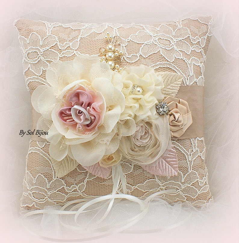 Tan Crystals Elegant Wedding Champagne Pearls Bridal Lace Pink Brooch Ring Bearer Pillow Ivory Blush Beige Vintage Style