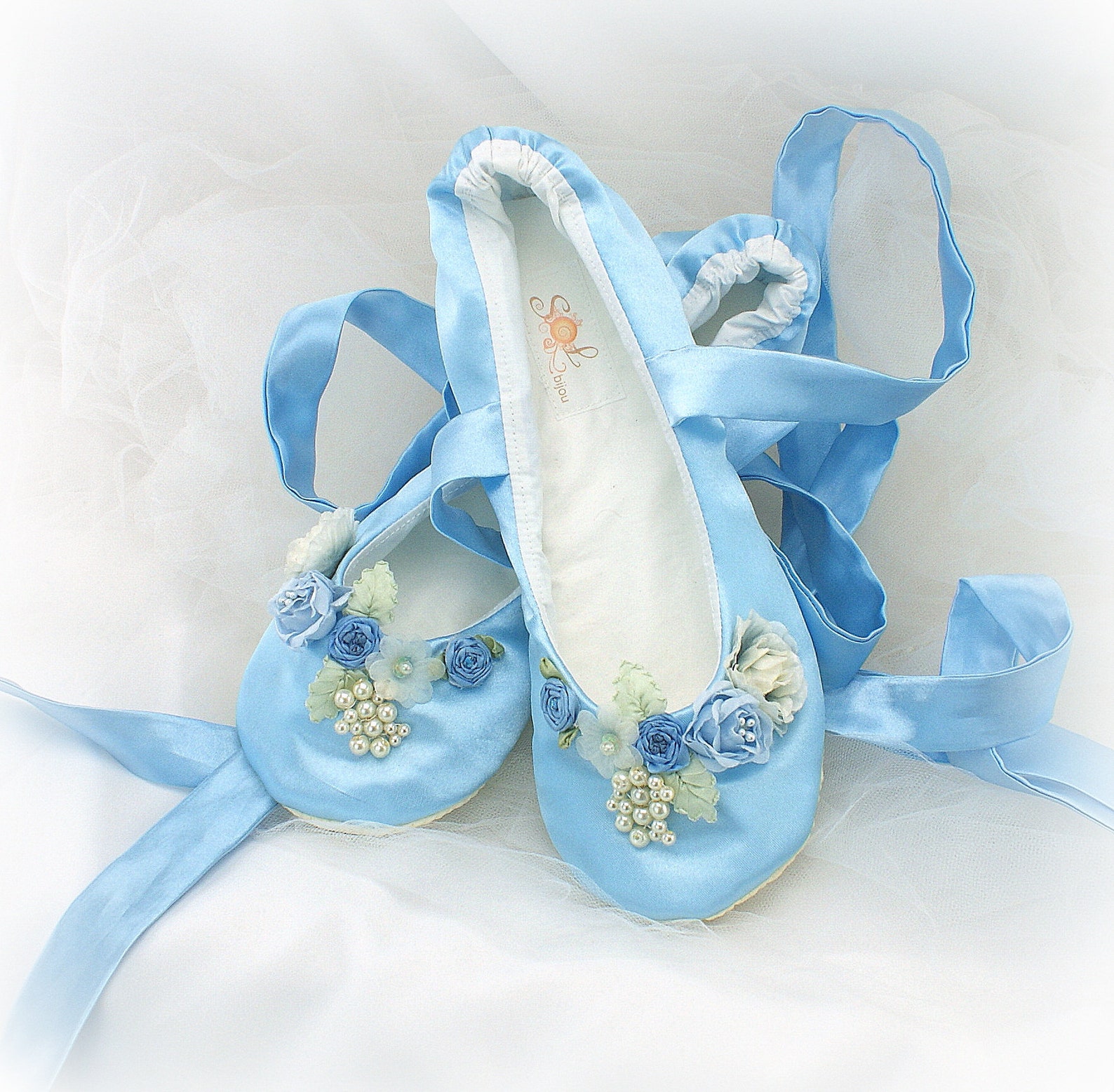 blue satin wedding slippers with flowers vintage style ballet shoes