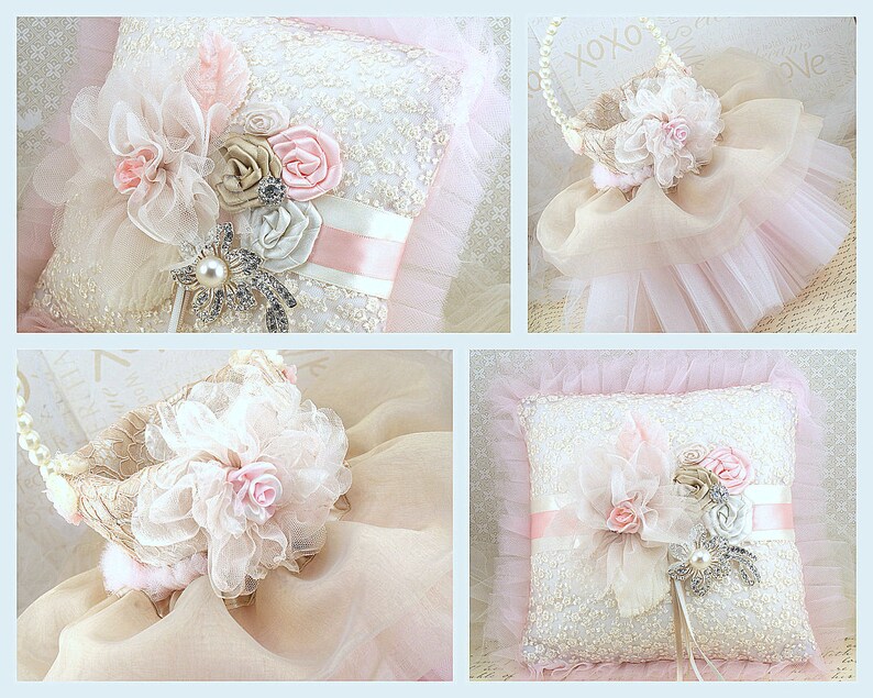 Ring Bearer Pillow Flower Girl Basket Tutu Basket Ivory Etsy