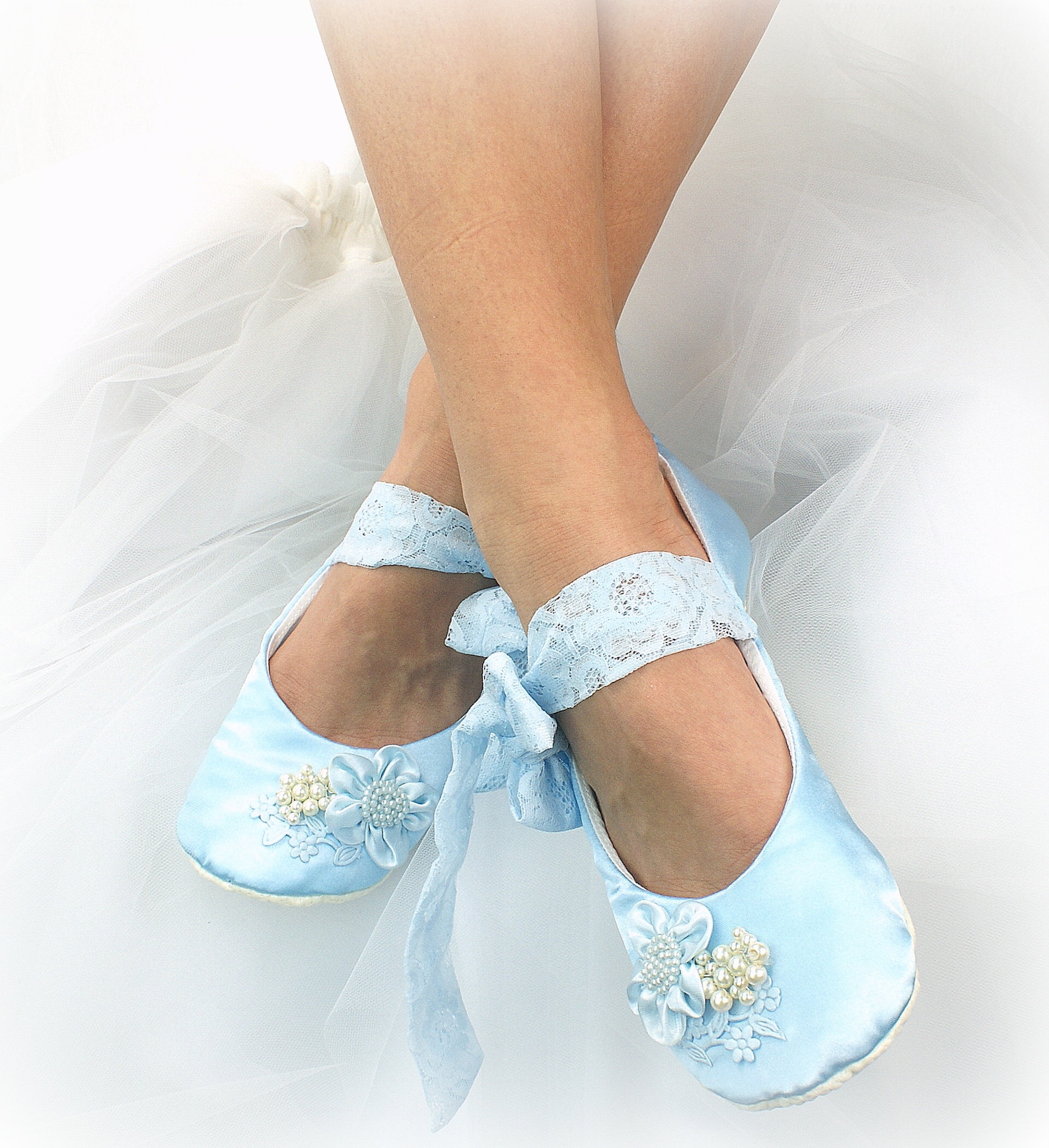 wedding ballet shoes in blue satin with lace side ties and pearls vintage style