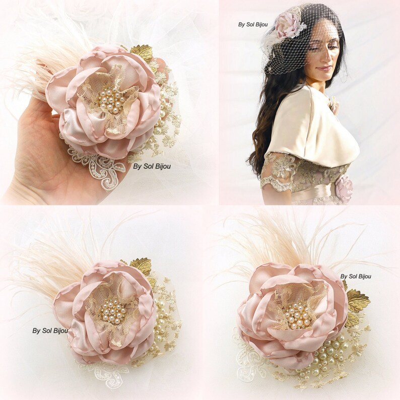 Wedding Hair Clip Dusty Rose Gold and Blush Clip with Feathers Lace Pearls Vintage Style