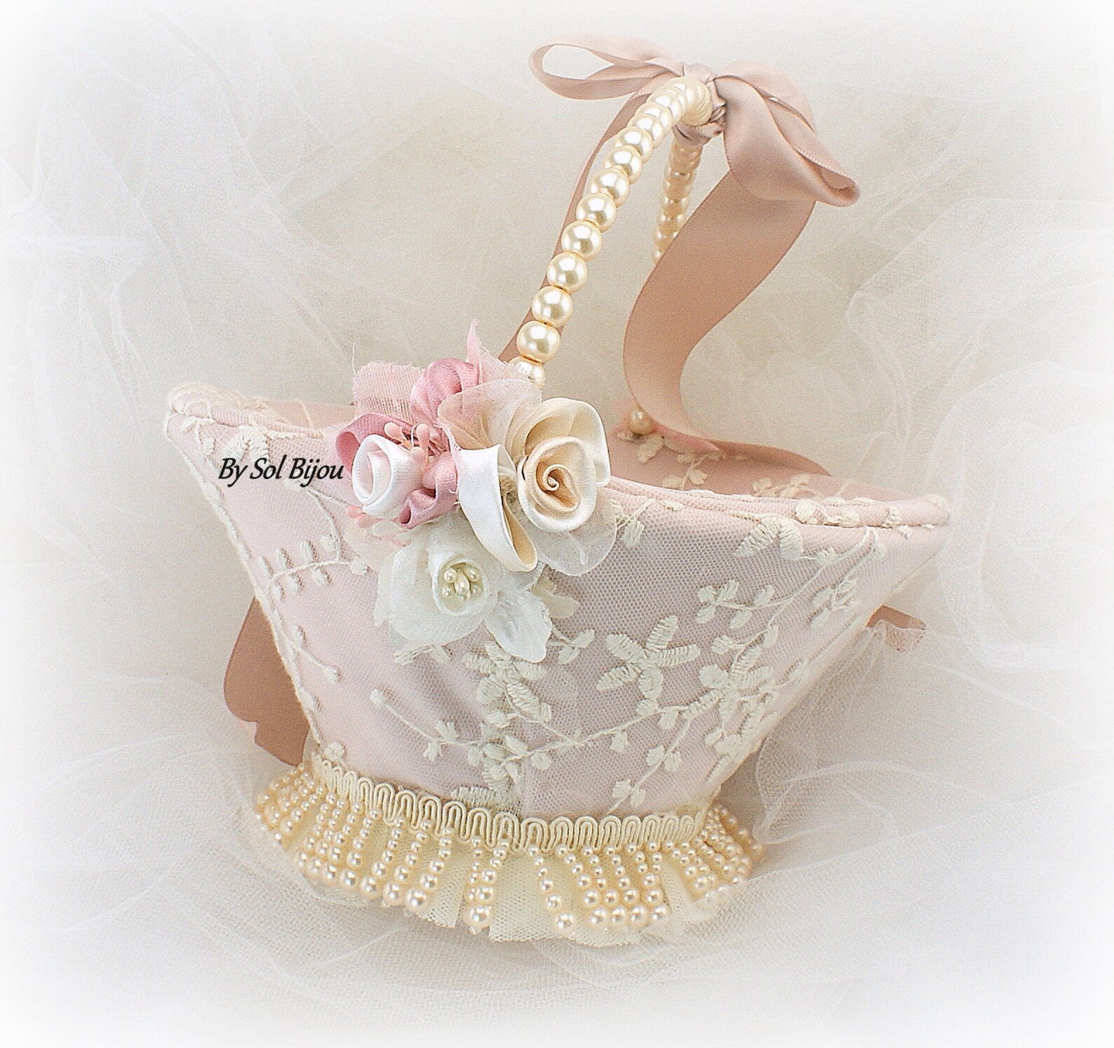 Wedding Flower Girl Basket Rose Blush Ivory Unique Girl Etsy