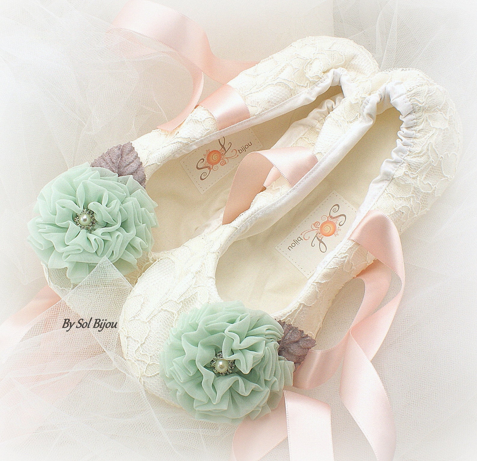 lace ballet shoes in ivory, blush and mint, custom wedding flats