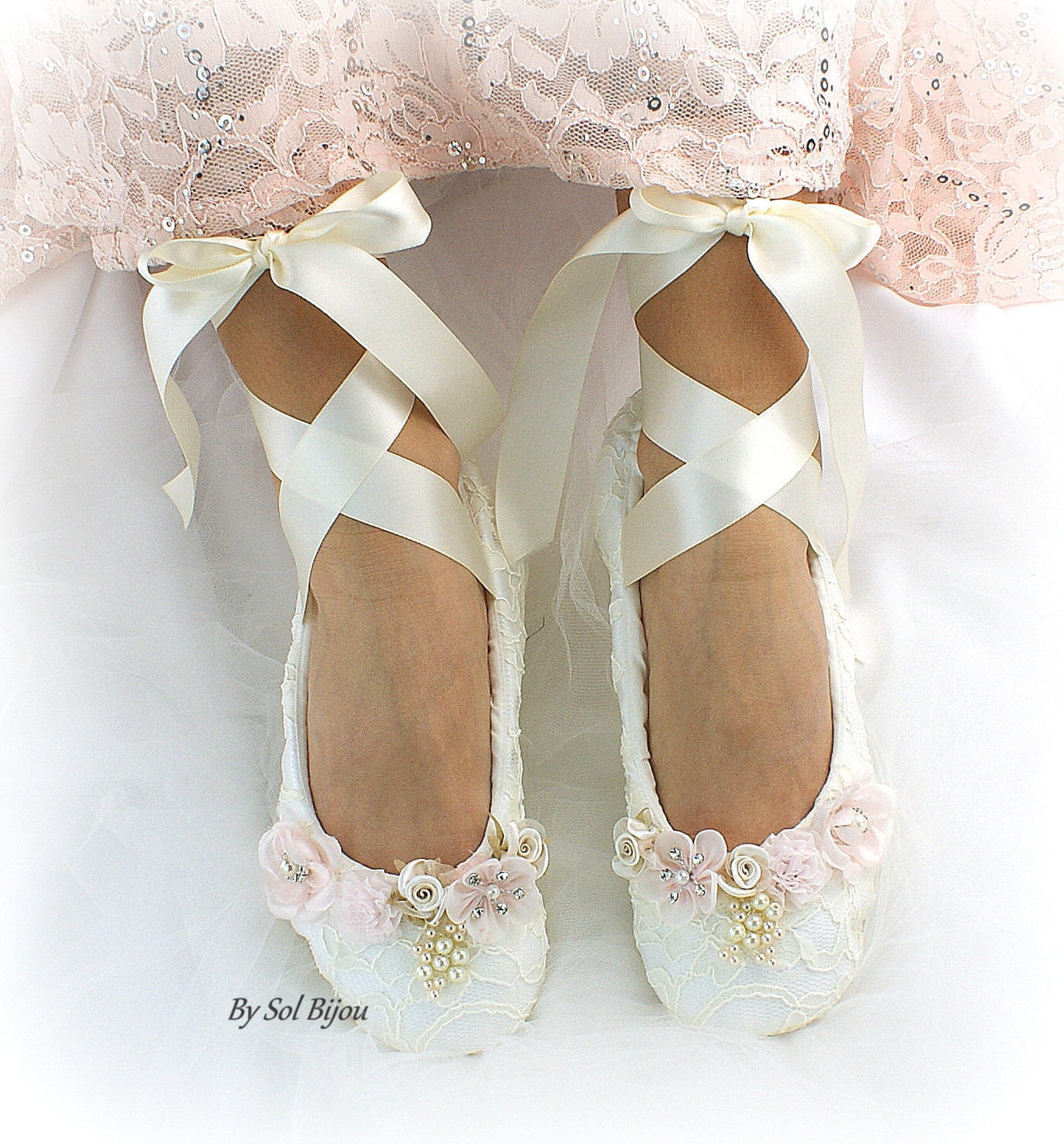 ivory lace wedding ballet shoes slippers lace up bridal ballet flats with flowers and pearls comfortable custom wedding flat sho