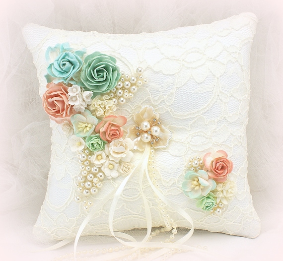 Lace Wedding Ring Pillow Ivory Mint Ring Bearer Pillow Blush Ivory Lace