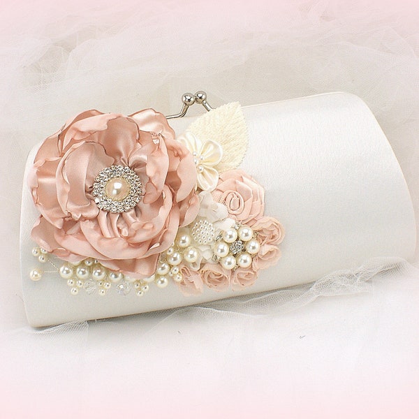 Wedding Clutch Bag in Ivory and Blush with Pearls and Flowers Elegant Vintage Handbag