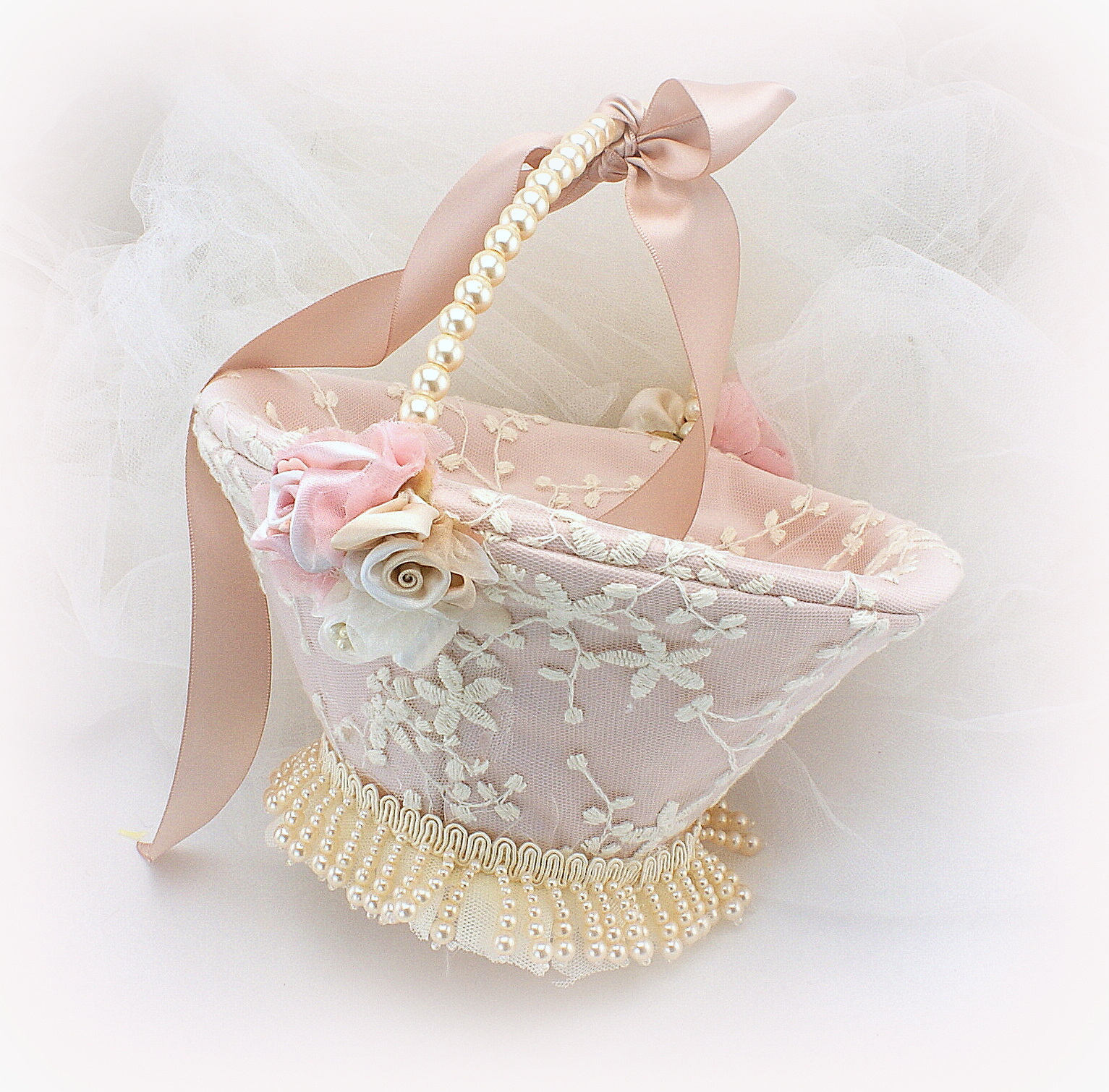 Wedding Flower Girl Basket Rose Blush Ivory Unique Girl Etsy