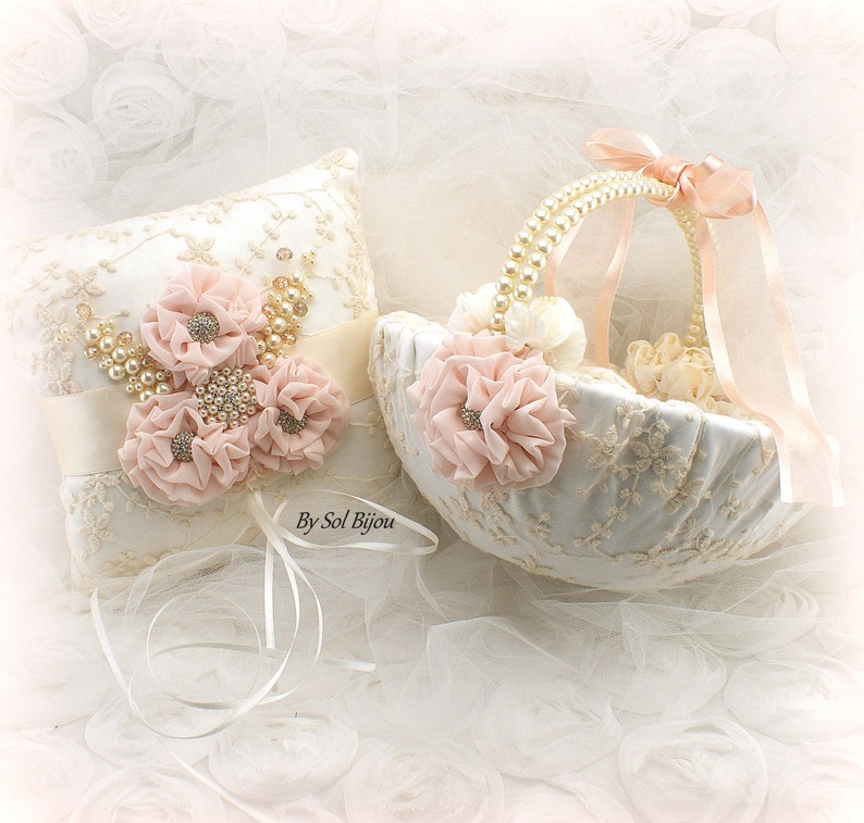 Ring Bearer Pillow Flower Girl Basket Set Gold Ivory Pink Blush Elegant Vintage Style Lace Wedding Basket Ring Cushion