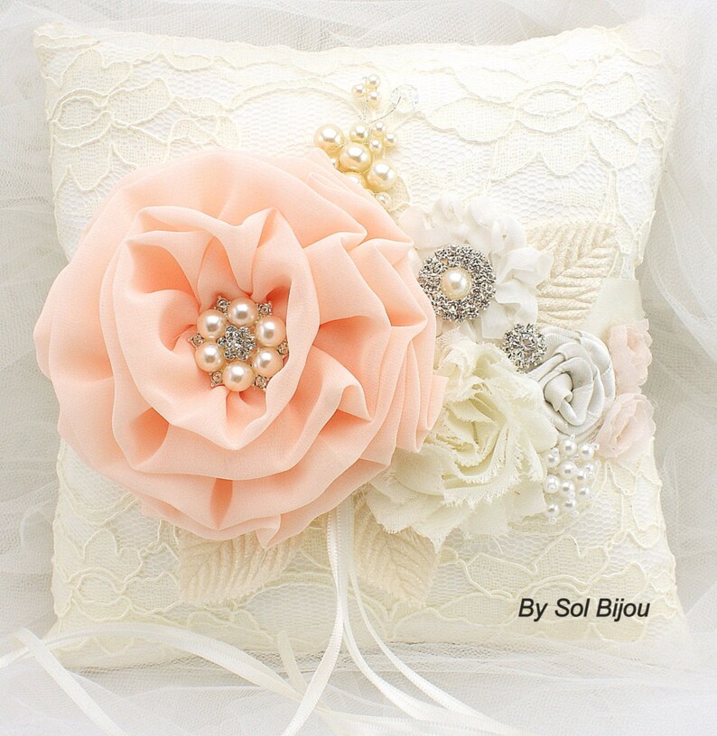 Wedding Ring Pillow Coral Peach Ivory Lace Ring Holder with Etsy