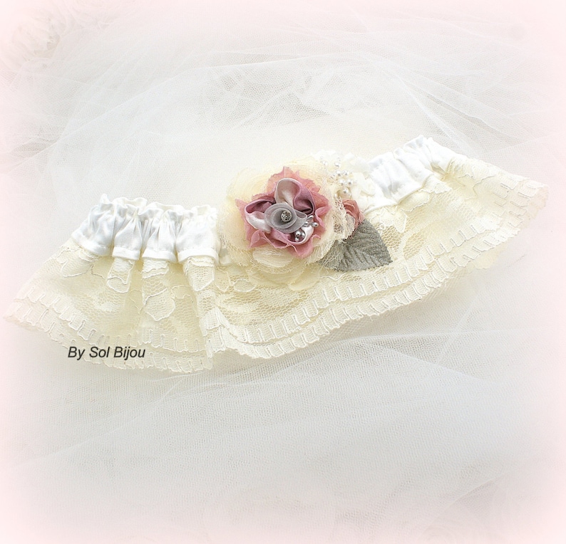 Ivory Dusty Rose Bridal Belt Wedding Vintage Pearls Handmade Flowers Lace Gray Toss Elegant Wedding Garter