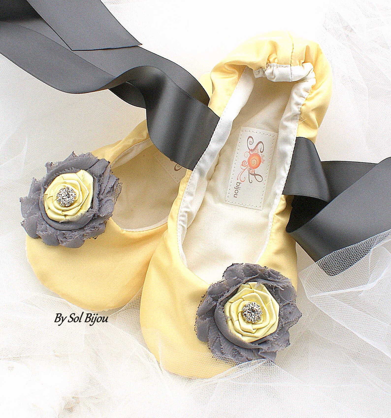 yellow and gray bridal flats, wedding ballet flats in satin with ribbon ties, custom wedding flats