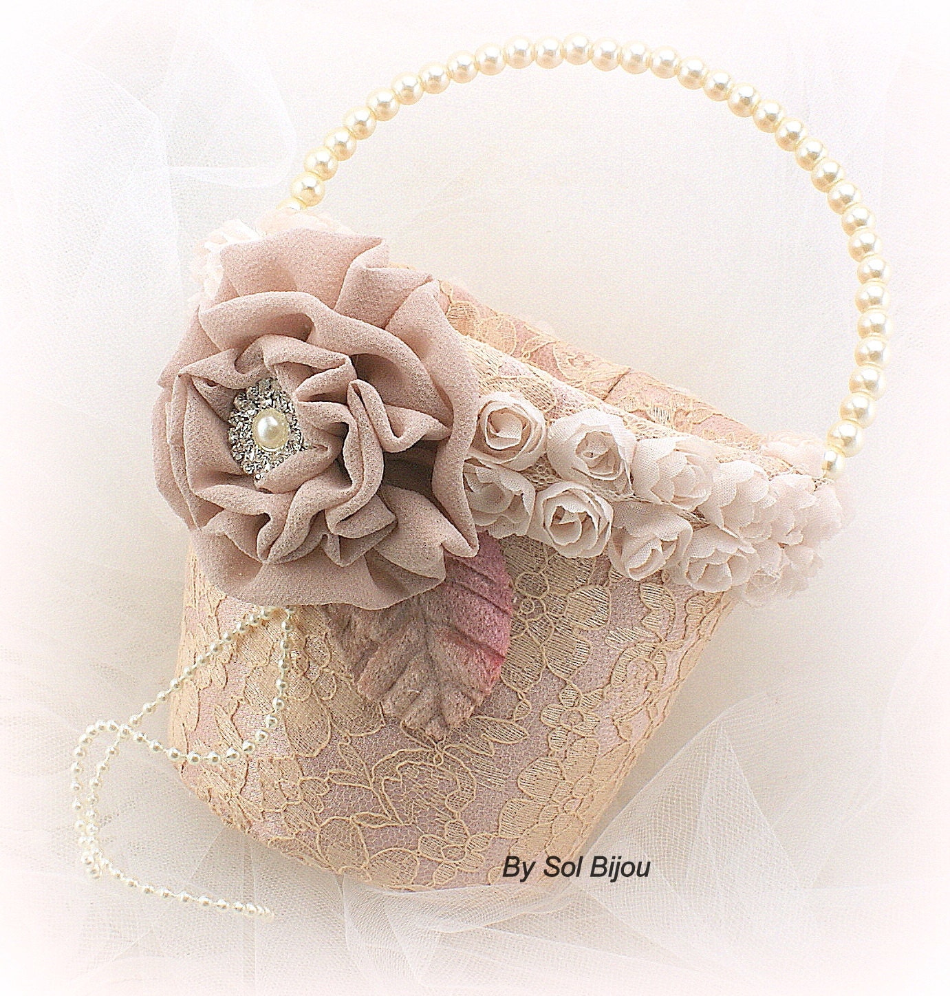 Lace Flower Girl Basket Rose Gold Blush Pearl Handle Elegant Etsy