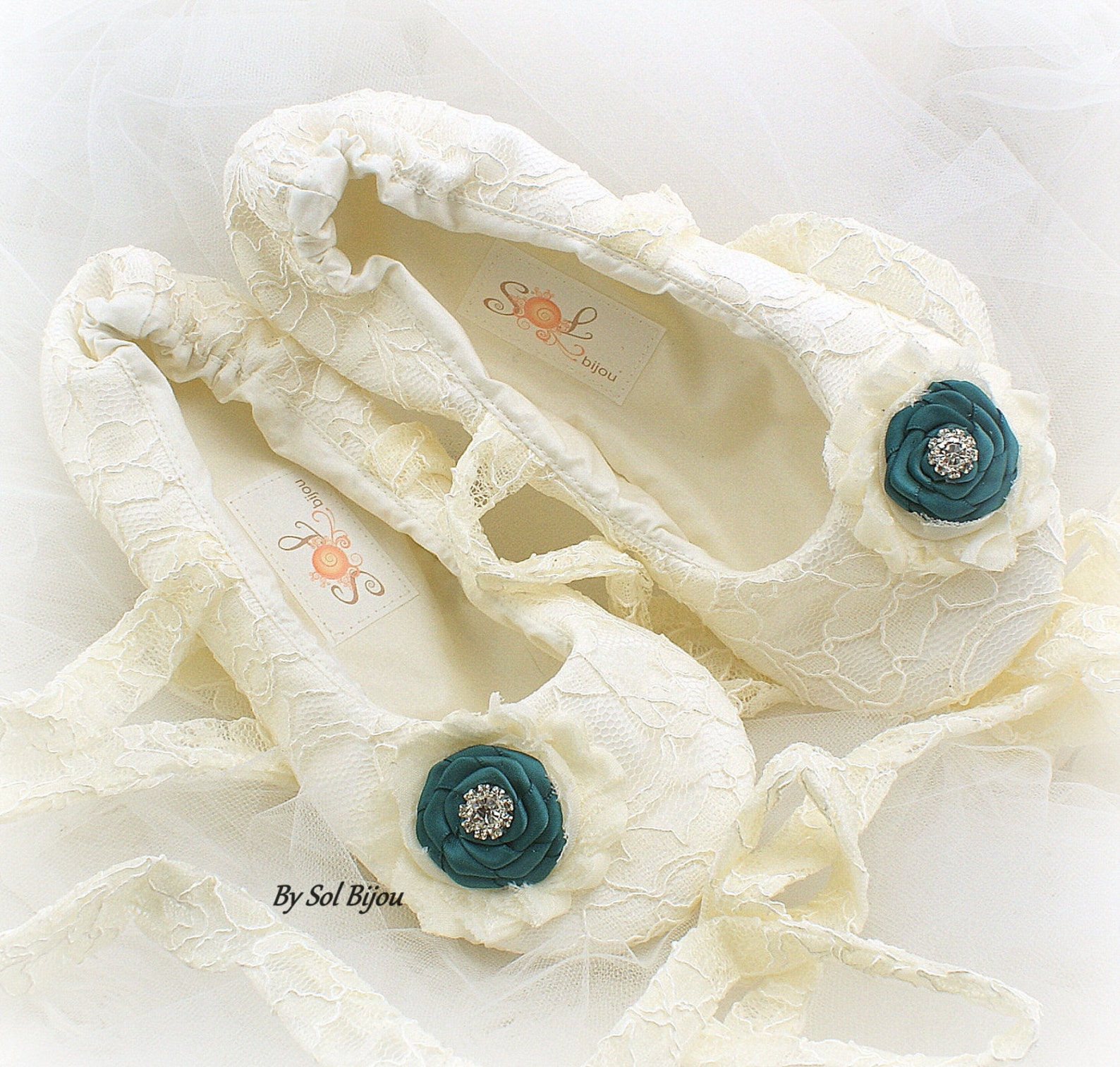 ballet flats, ivory, teal, bridal flats, wedding shoes, flats, lace up, ballerina slippers, flower girl, crystals, lace, vintage