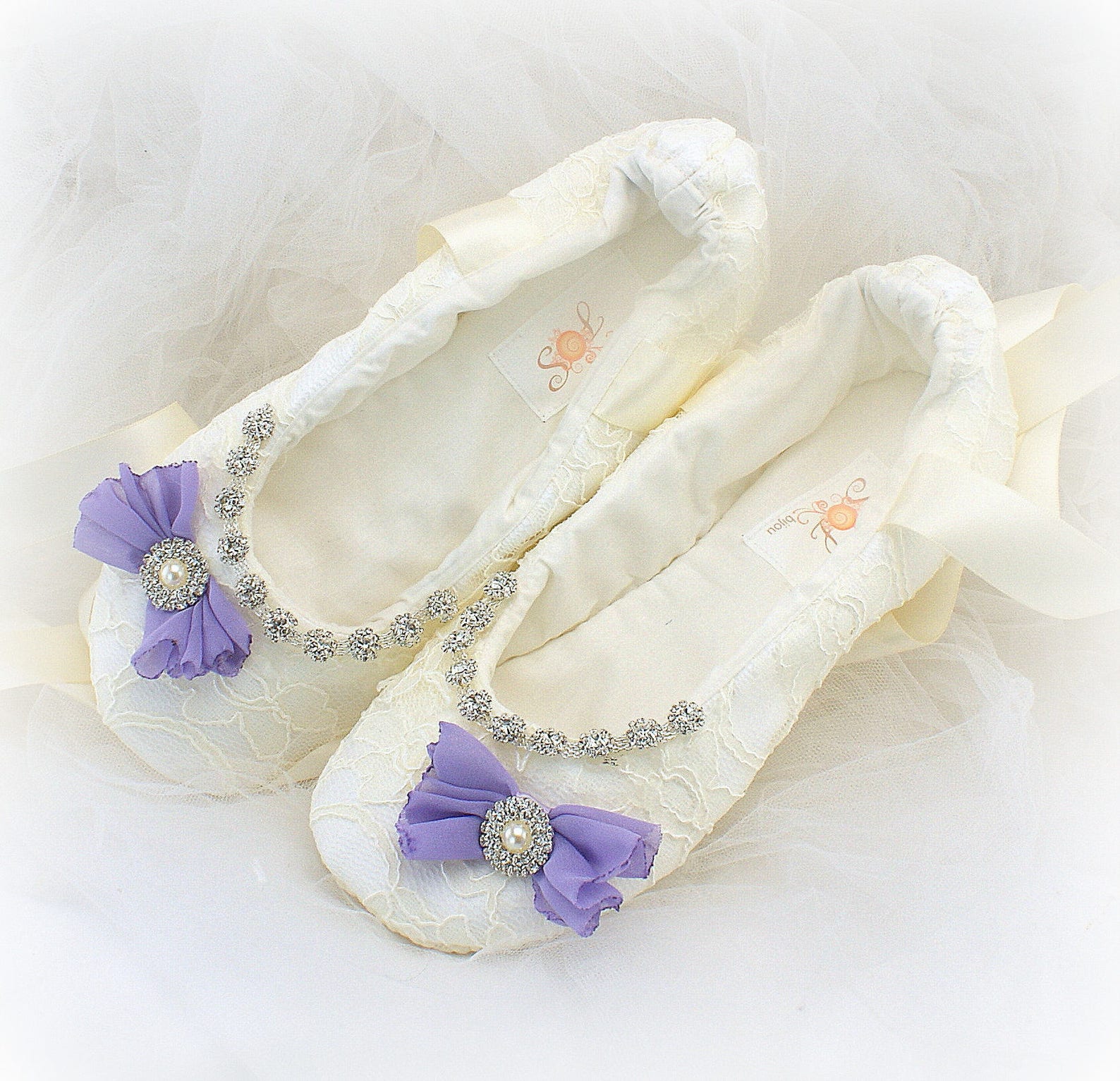beaded ivory wedding ballet slippers with purple bows, lace bridal ballet flats in custom sizes