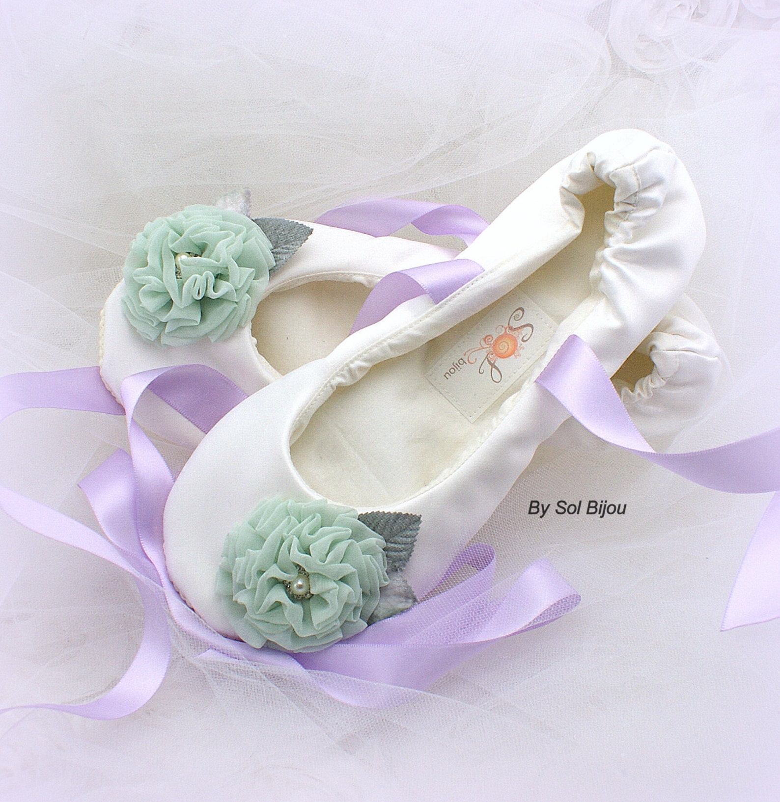 wedding ballet flats shoes ivory mint lilac with flowers and ankle ties satin bridal slippers