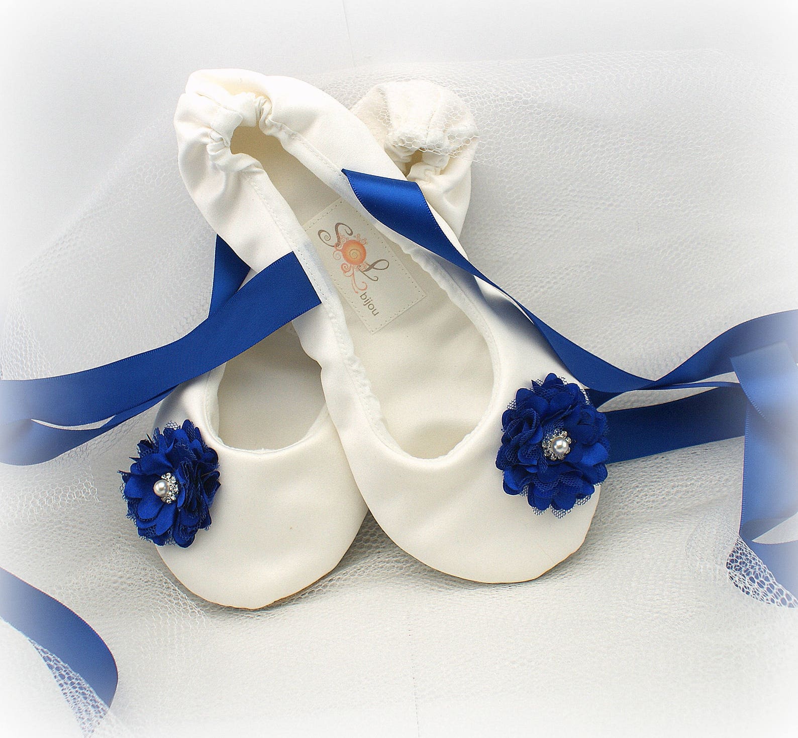 ivory and royal blue bridal satin flats, ballet flats with ties, custom wedding flats