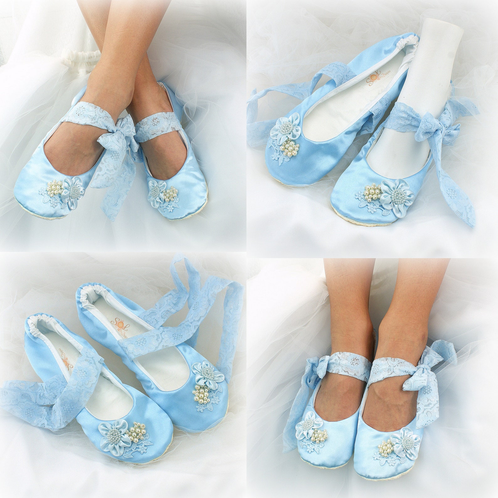 wedding ballet shoes in blue satin with lace side ties and pearls vintage style