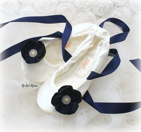 Items similar to Ivory and Navy Blue Bridal Ballet Shoes, Navy Ballet ...