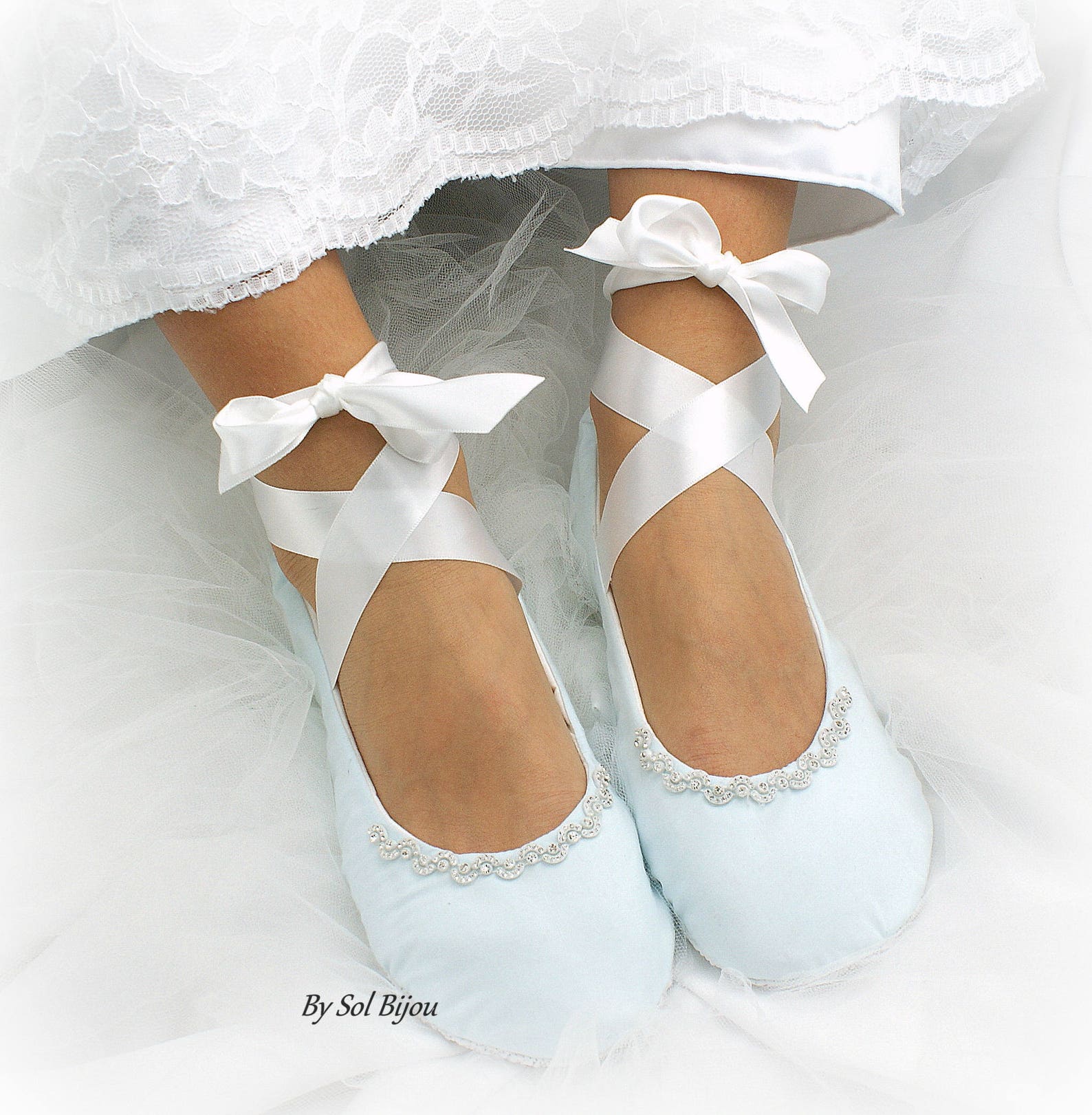 wedding ballet shoes in blush and ivory lace with ribbon ties