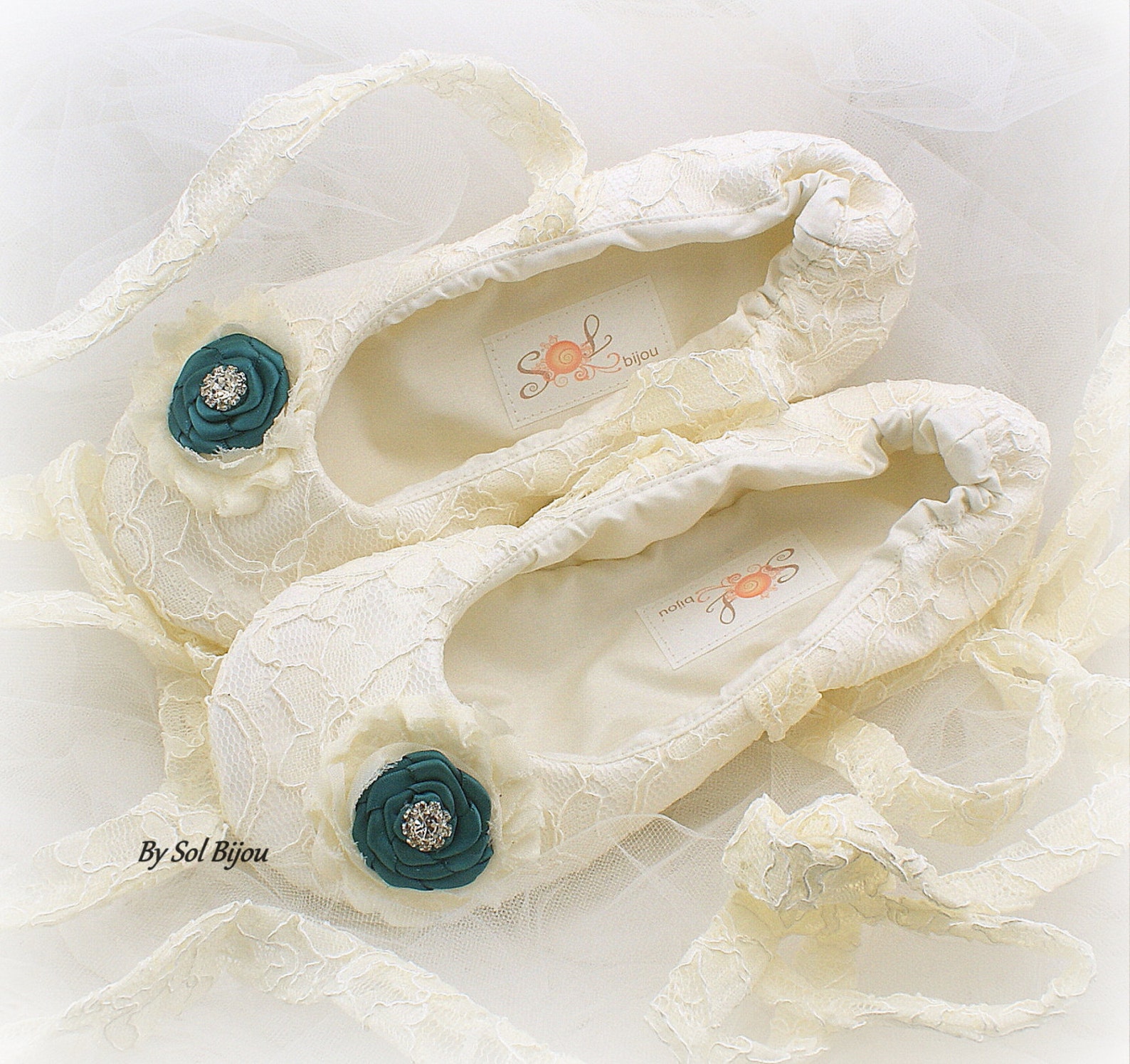 ballet flats, ivory, teal, bridal flats, wedding shoes, flats, lace up, ballerina slippers, flower girl, crystals, lace, vintage