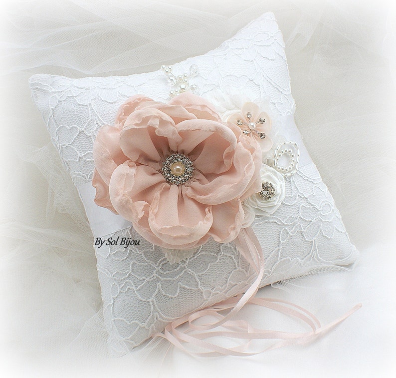 Pink Elegant Wedding Brooch, Bridal Crystals White Vintage Blush Gatsby Wedding Ring Bearer Pillow Lace Pillow Pearls Lace