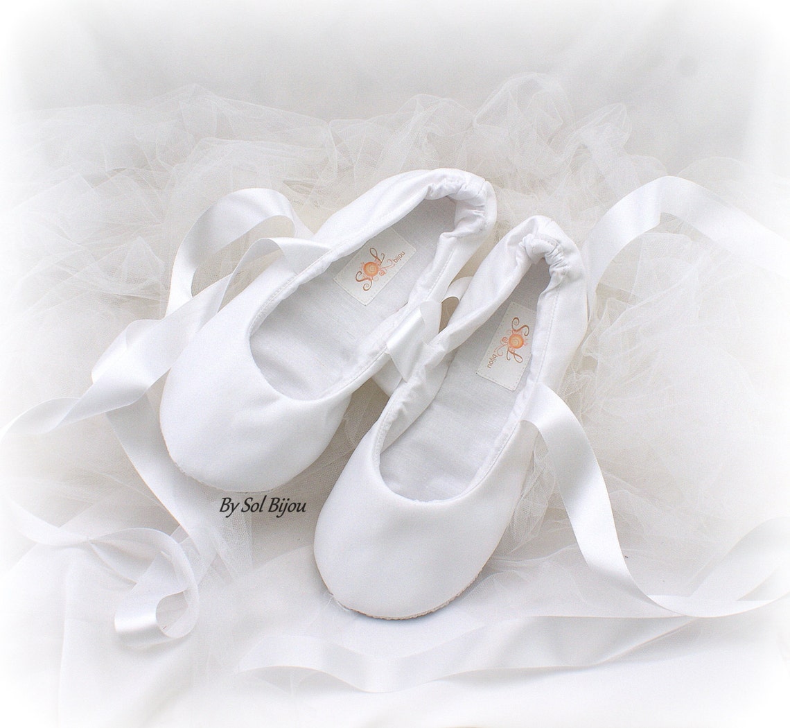 White Satin Wedding Flat Shoes with Ribbon Ties Elegant Bridal | Etsy