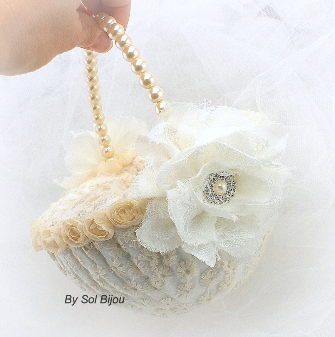 Ivory Lace Wedding Flower Girl Basket with Pearl HandleGatsby Etsy