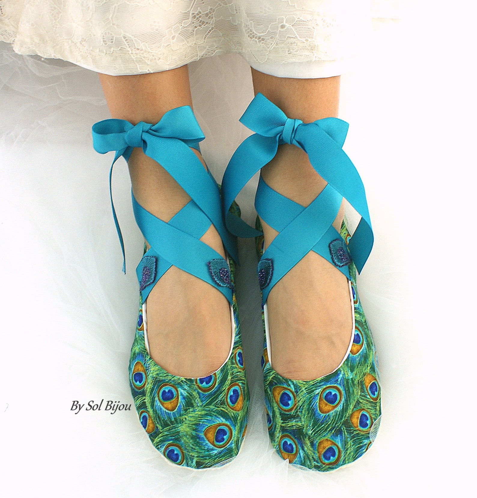 peacock custom wedding bridal ballet flats shoes cotton lace up ballet slippers peacock weddings