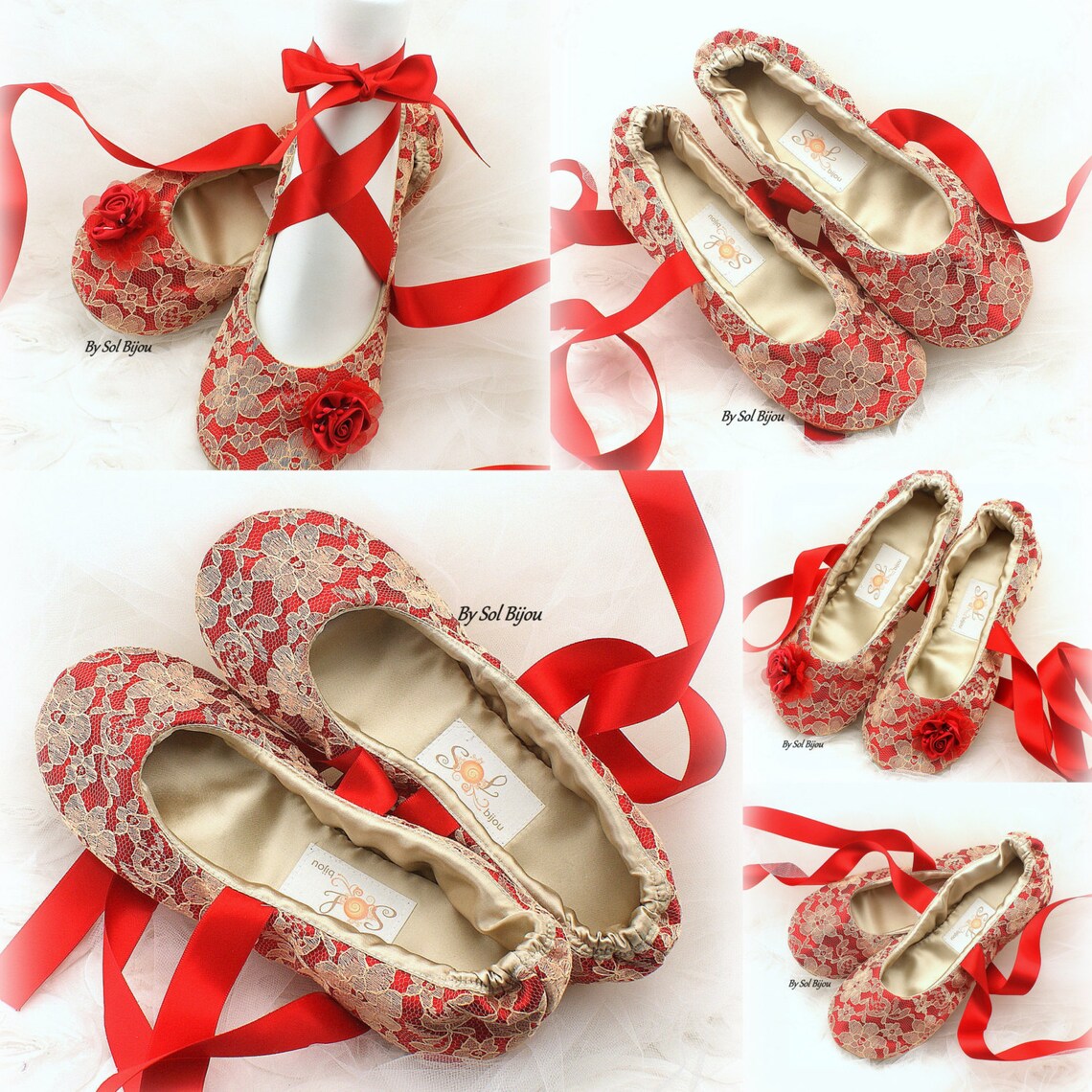 Red and Gold Wedding Ballet Shoes Lace Bridal Flats Etsy