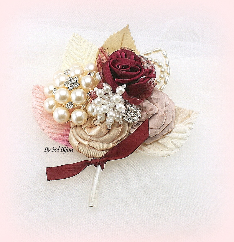 Wedding Groomsmen Boutonnieres Burgundy Champagne Rose Gold with Pearls Vintage Style Buttonholes