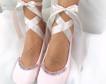 Light Pink Wedding Ballet Flats Shoes Beaded with Rhinestones