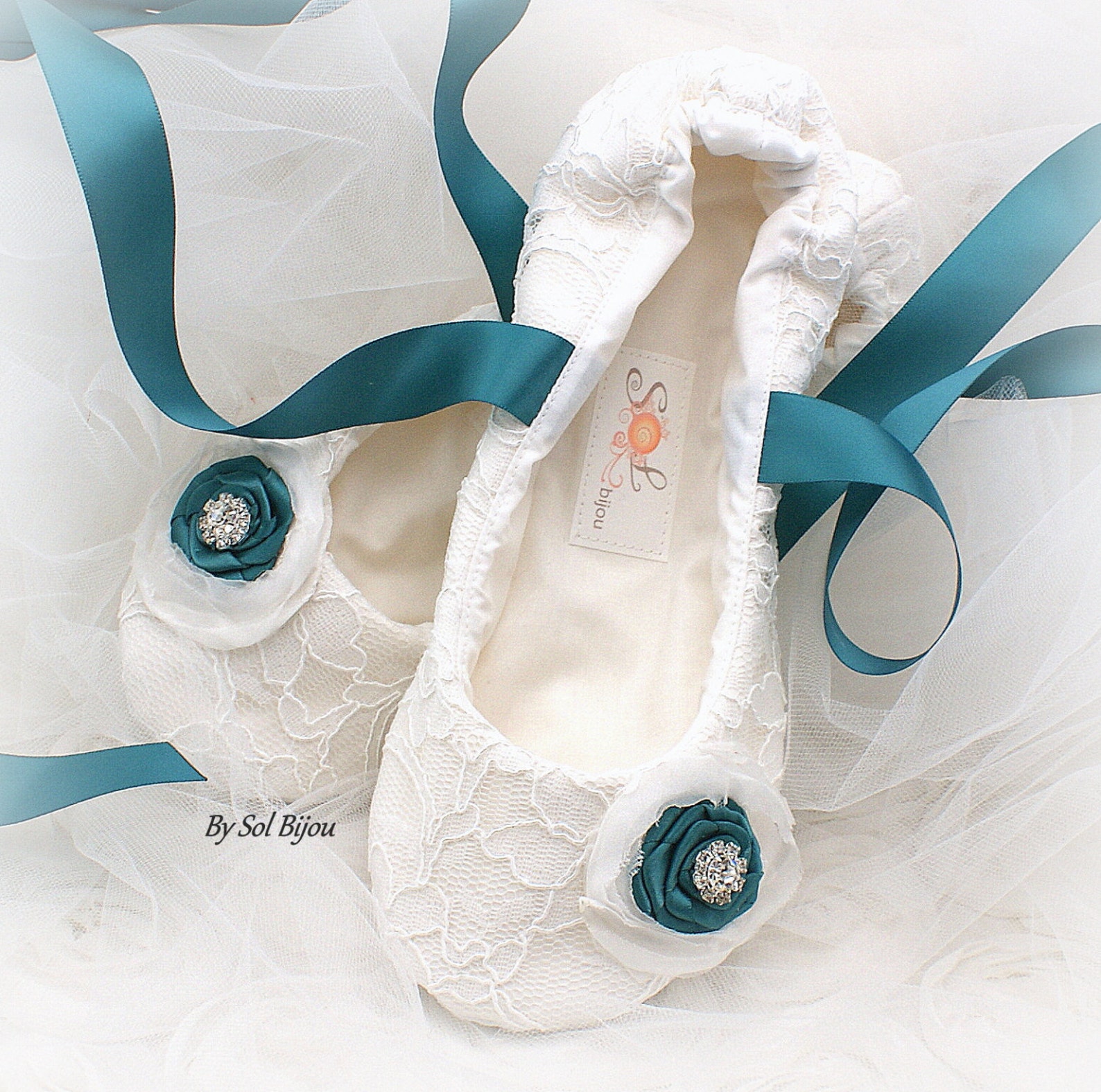 teal and white wedding flats, white lace ballet flats with teal flowers and ankle ties