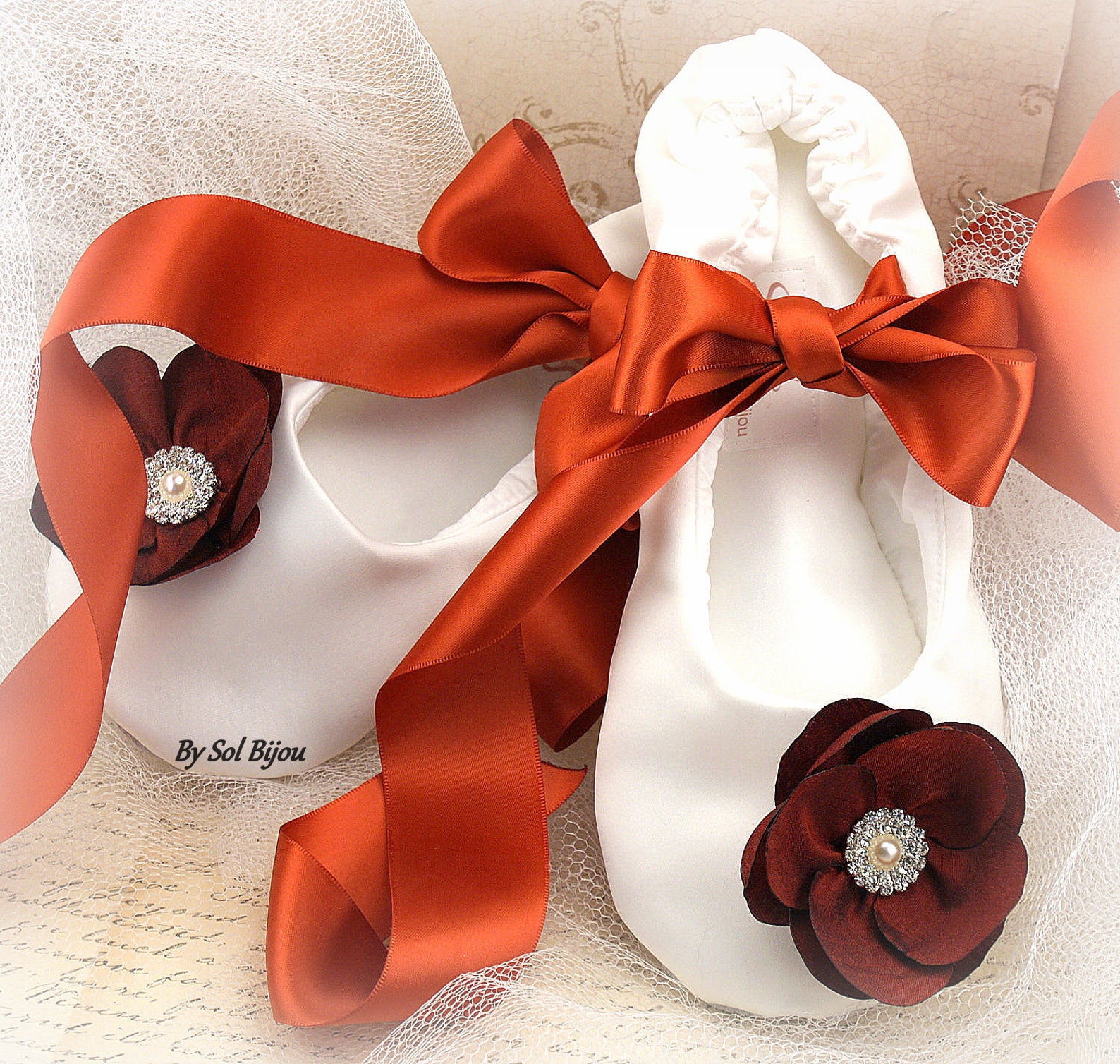 burnt orange wedding flats,ivory,burnt orange ballet flats,fall wedding shoes,bridal ballet flats,satin ballet slippers,flower g