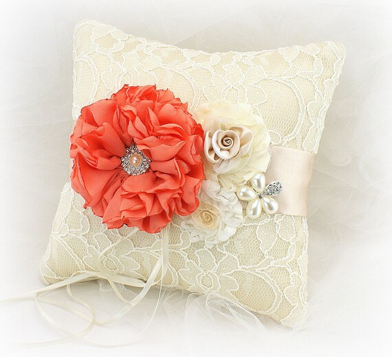 Coral And Champagne Ring Bearer Pillow Vintage Style With Lace Etsy
