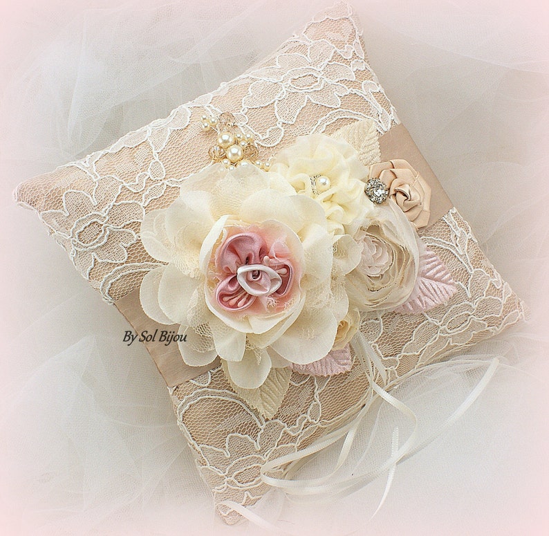Tan Crystals Elegant Wedding Champagne Pearls Bridal Lace Pink Brooch Ring Bearer Pillow Ivory Blush Beige Vintage Style